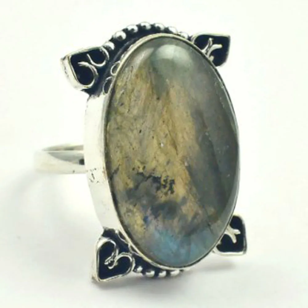 

Labradorite Ring Silver Overlay over Copper, USA Size 10.25 , R4007
