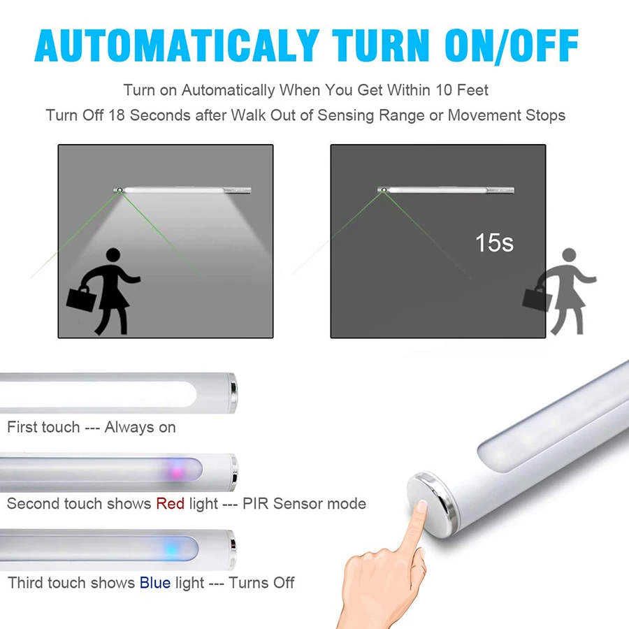 LED محس حركة خزانة أضواء 22 LED USB قابلة للشحن التحكم باللمس الصمام ضوء تحت الكابين للمطبخ خزانة الدرج
