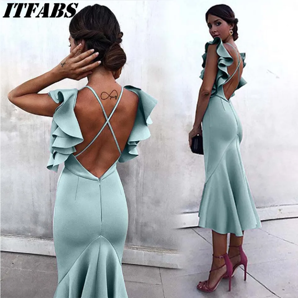 solid ruffles backless fishtail maxi dress
