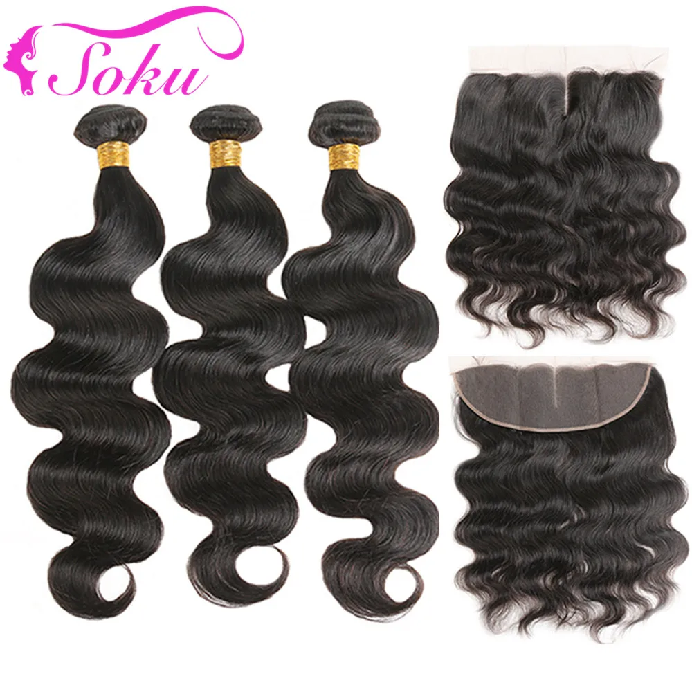 

Body Wave Human Hair 3Bundles With Frontal 13*4Brazilian Hair Weave Bundles SOKU Non-Remy Ear To Ear Lace Frontal With Bundles