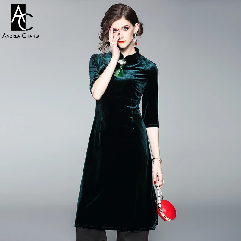 

spring autumn woman dress flower shape tassel brooch dark green velvet dress side split 3/4 sleeve Chinese style XXL slim dress