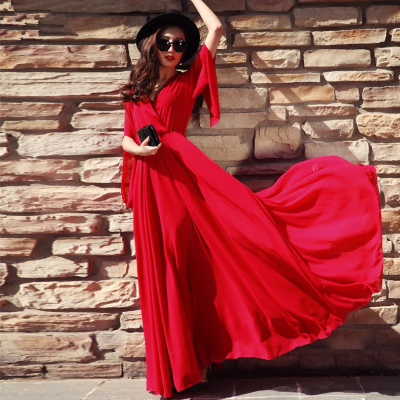 Летнее Новое красное элегантное темпераментное длинное платье для женщин однотонное расклешенное шифоновое платье с коротким рукавом и v-образным вырезом для женщин Vestidos DAN145 - Цвет: red