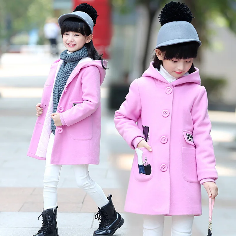 Одежда для девочек шерстяное пальто Новинка года, осенне-зимняя куртка с капюшоном плотное шерстяное пальто