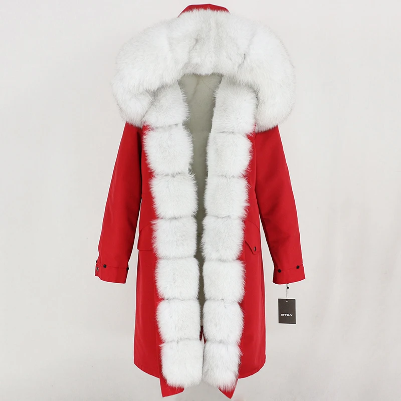 Зимняя женская водонепроницаемая куртка с натуральным мехом, длинная парка с воротником из натурального Лисьего меха, толстая теплая верхняя одежда со съемным капюшоном, новинка - Цвет: red white