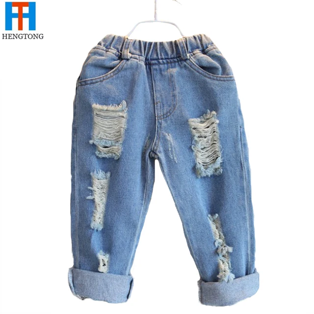 2016 весна осень девушки джинсы мыть водой distrressed свободные случайные упругие талии мальчики и девочки джинсы дети длинные джинсовые брюки 2-6 т