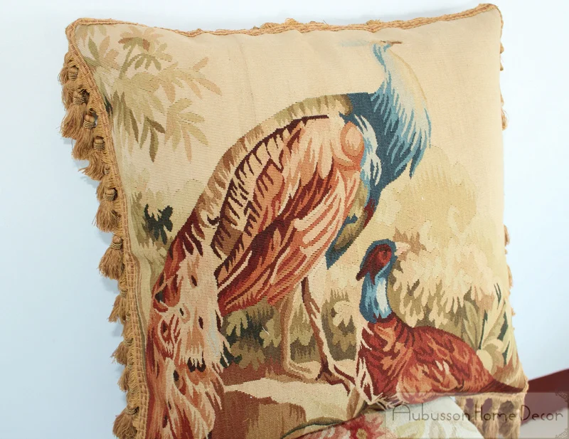 Vintage French Aubusson Pillow PARROT BIRDS Wool Decorative Cushion 18/" A PAIR