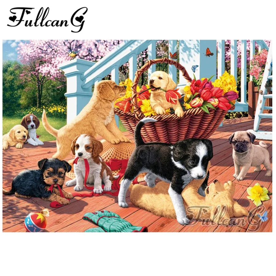 

FULLCANG full square/round drill 5d diy diamond painting "animals cute dog & flower" rhinestone embroidery kits arts decor FC205