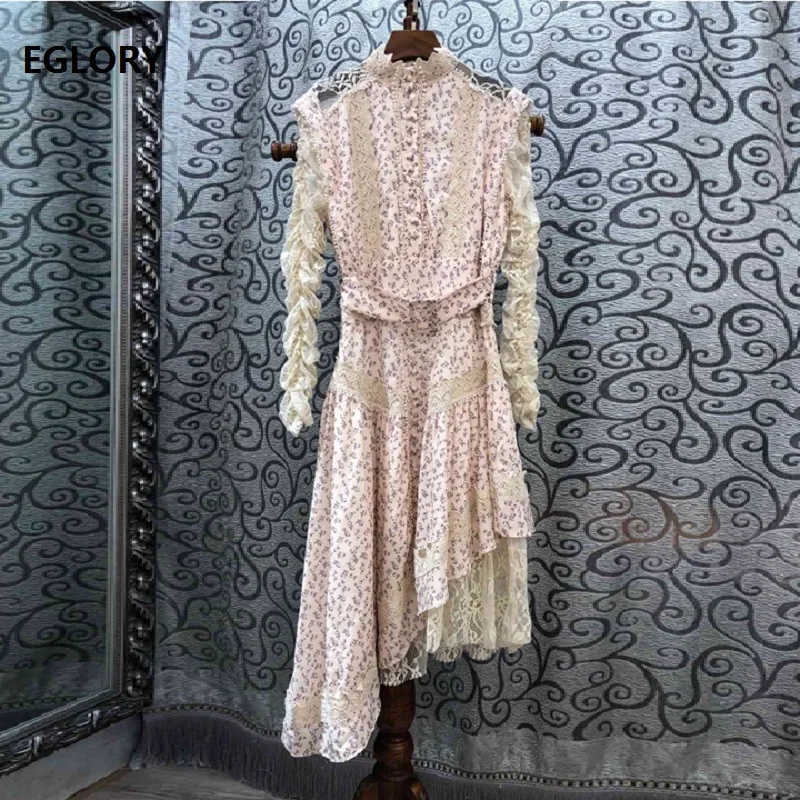 

High Quality Designer Dress 2019 Autumn Party Events Women Ruffled Collar Vintage Flower Print Lace Patchwork Asymmetrical Dress