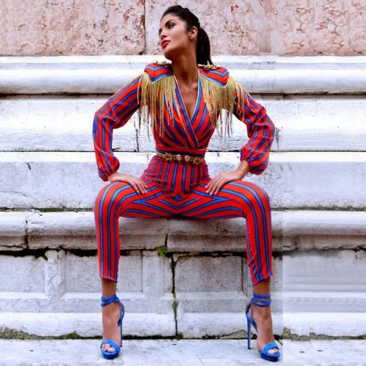 

New Runway Fringe Jumpsuits For Women 2018 Celebrity Party Jumpsuit Long Sleeve Red Blue Striped Tassel Jumpsuit Bodysuit