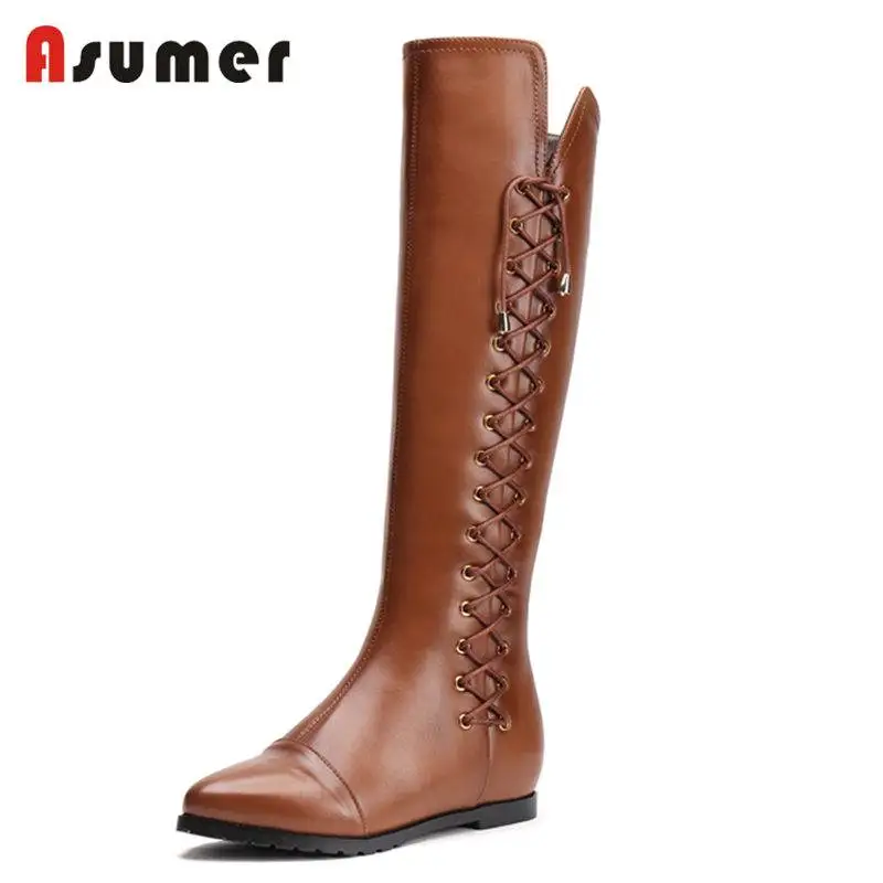 

ASUMER HOT 2018 fashion cross tied genuine leather boots pointed toe flat with knee high boots women zipper winter boots