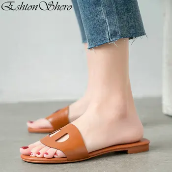 

EshtonShero Women Shoes Woman Slippers Women's Shoes Genuine Leather Flat Heels Round Toe Slingback Ladies Wedding Shoe Size 3-8