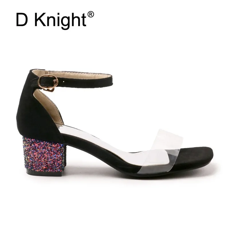 Big Size 52 Women Open Toe Strappy Ankle Strap Yellow Black Sandals Bling Transparent Clear Block Thick High Heel Sequined Shoes (18)