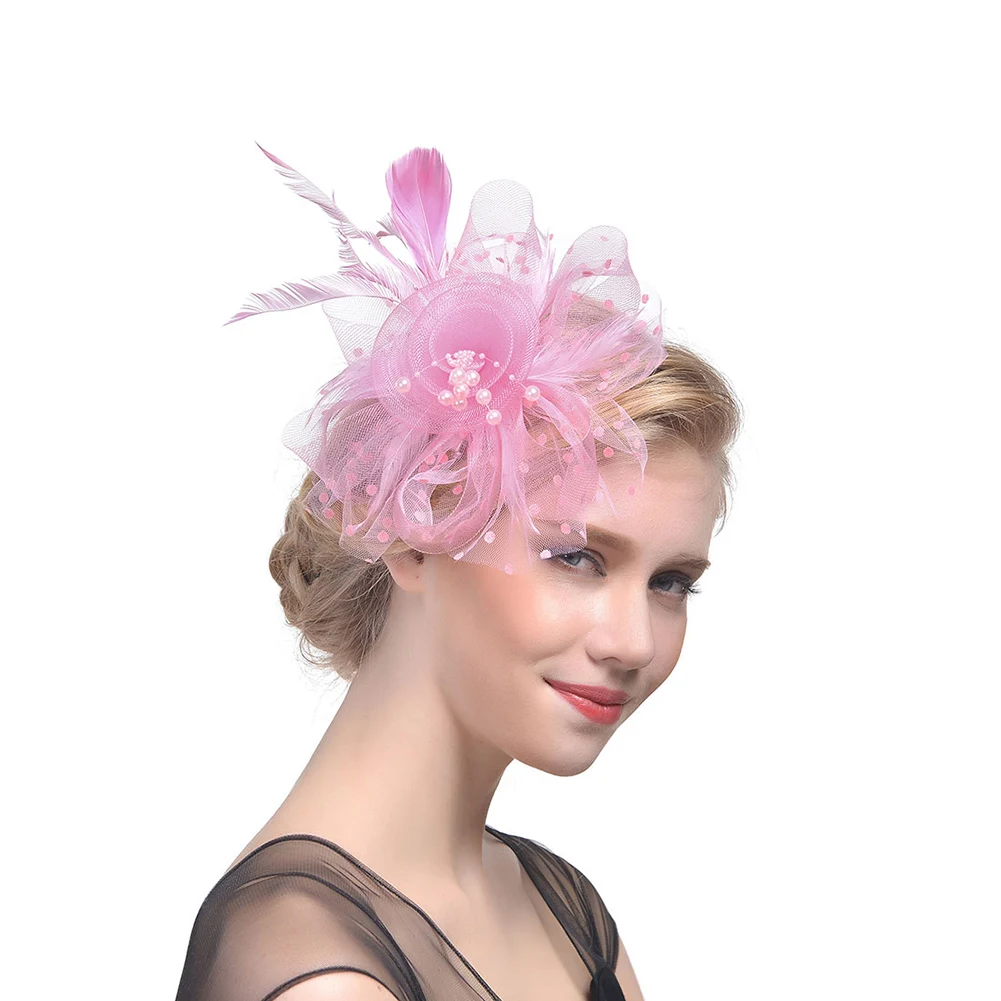 Элегантный цветок бисер с перьями сетки корсаж заколки для волос вечерние свадебные сетки аксессуары для волос головной убор Тиара шляпа - Цвет: Розовый