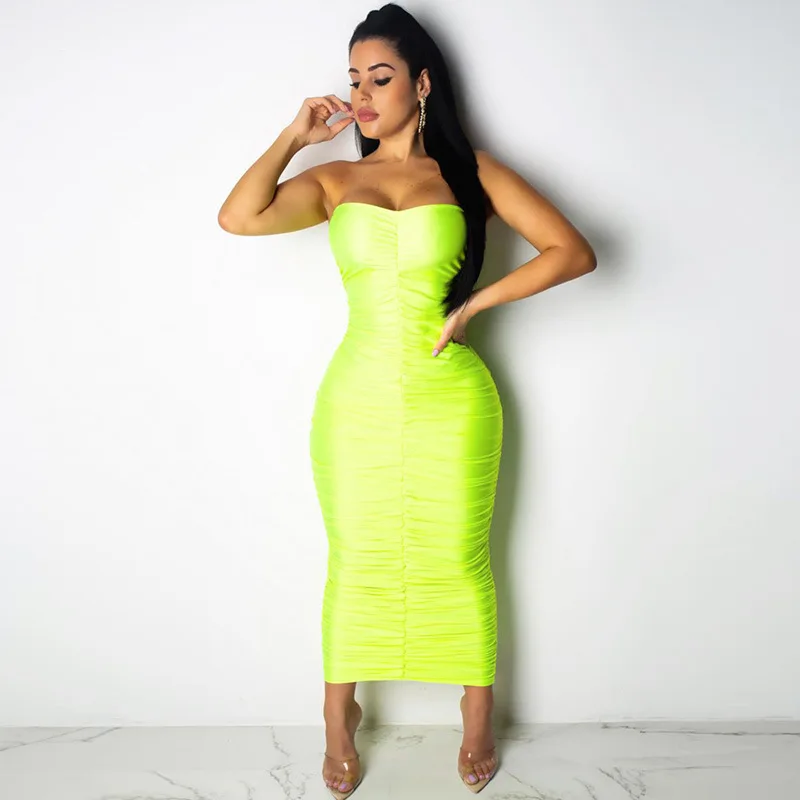 

Strapless Pleated Women Long Dress Off Shoulder Backless Sexy Bodycon Lady Slim Maxi Vestidos Dress 2019 Summer