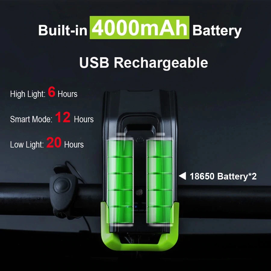 4000 mAh التعريفي دراجة الجبهة ضوء مجموعة USB قابلة للشحن الذكية العلوي مع القرن 800 التجويف الصمام الدراجة مصباح المصباح دورة