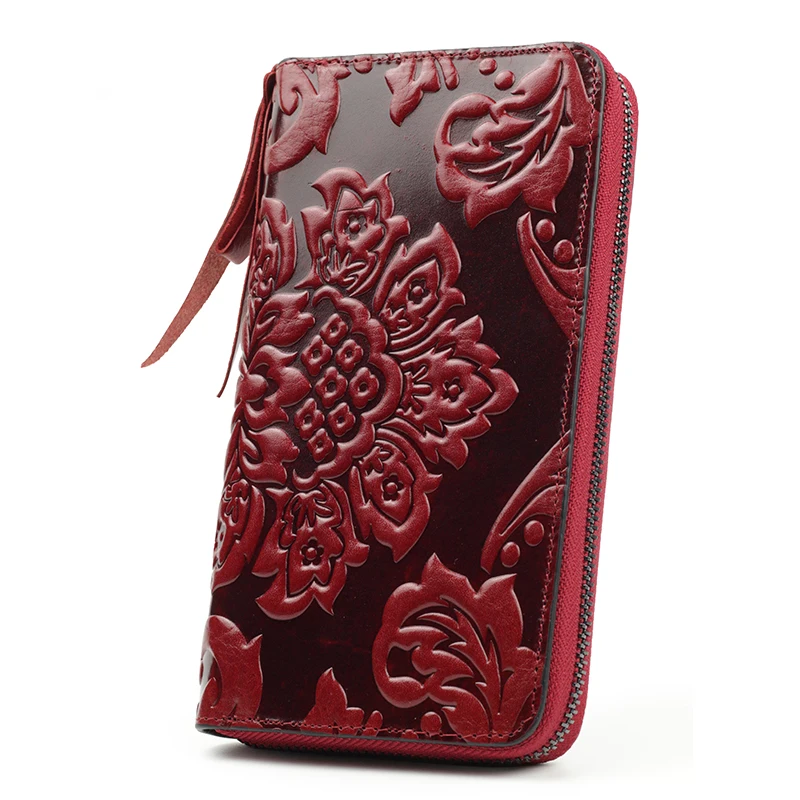 

Premium 100% Genuine Leather Embossing Flower Women Wallets Large Capacity Female Purses 2019 Ladies Multi-function Wallets