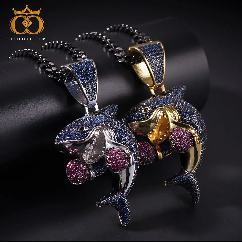 

colorful.gem Iced Out CZ Open Mouth Shark With Boxing glove Pendants Copper Material Hip Hop Necklace With CZ Tennis Chain
