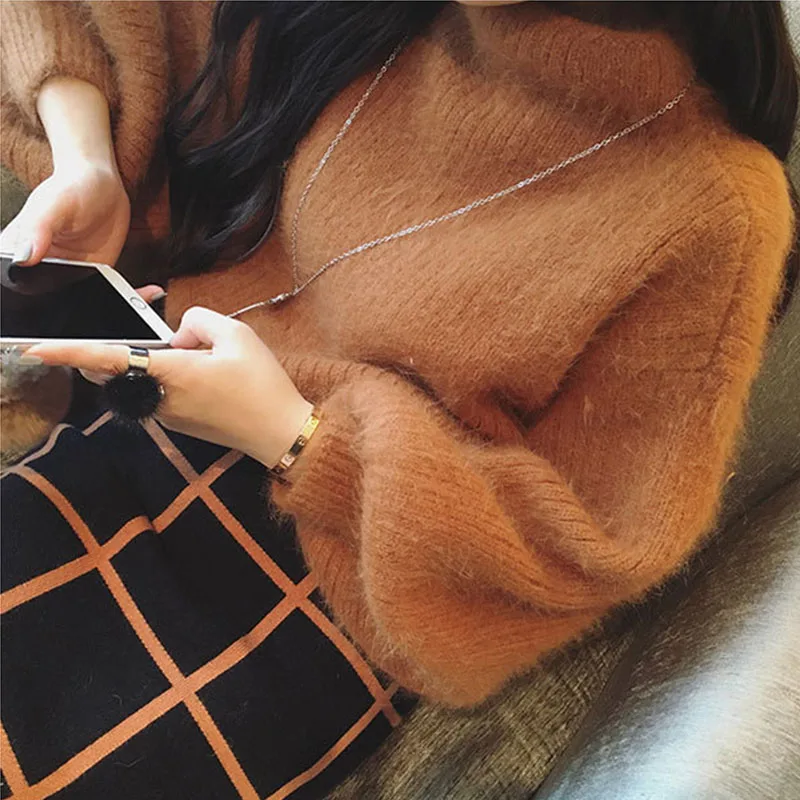 2019 Winter New Fashion Thickened Warm Turtleneck Mohair Female Sweater Lantern Sleeve Casual Solid Color Slim Simple Pullover 2019 Winter New Fashion Thickened Warm Turtleneck Mohair Female Sweater Lantern Sleeve Casual Solid Color Slim Simple Pullover