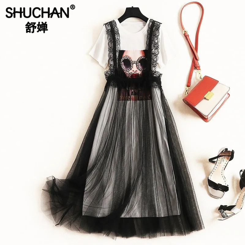 

Shuchan Womens Two Piece Sets Summer Fashion T-shirt Dress Print+mesh Spaghetti Strap Dress Women Sets Clothes 51576
