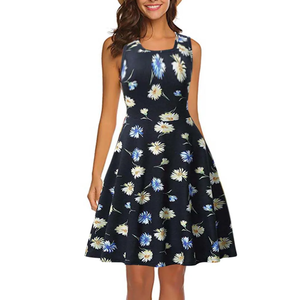 

Women Sleeveless Printing Summer Beach A Line Casual Dress Floral Dress