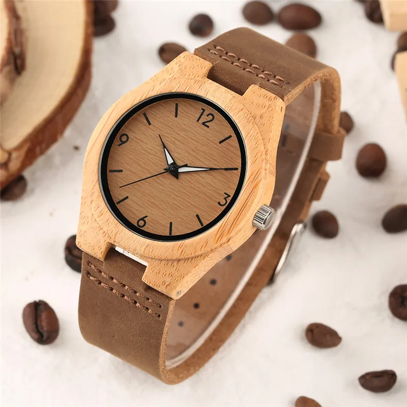 Creative Watches Women Genuine Leather Band Bamboo Case Lady Wrist Watch Wooden Light Yellow Dial Modern Female Clock Xmas Gifts
