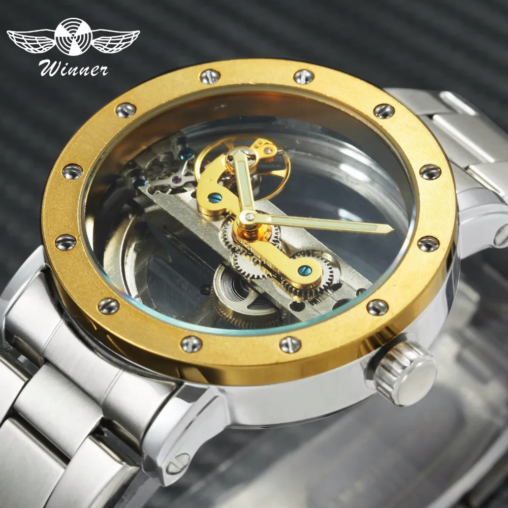 

WINNER Official Royal Mens Watches Top Brand Luxury Automatic Golden Bridge Watch Stainless Steel Strap Mechanical Wristwatch