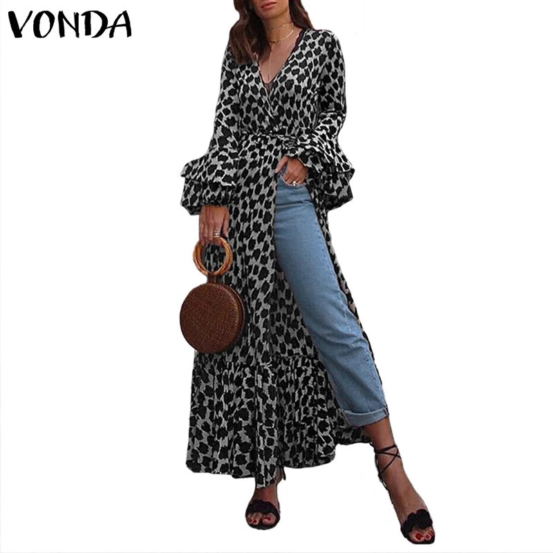 VONDA, женское сексуальное леопардовое платье, богемное, v-образный вырез, длинный рукав, раздельное платье-рубашка,, Осенний сарафан, повседневные Длинные вечерние платья, 5XL