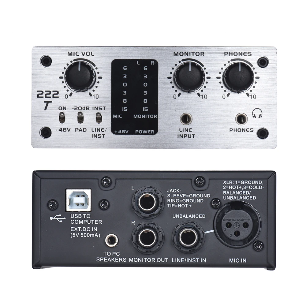 

2-Channel Audio System Interface External Sound Card +48V phantom power DC 5V for Computer Smartphone With USB Cable