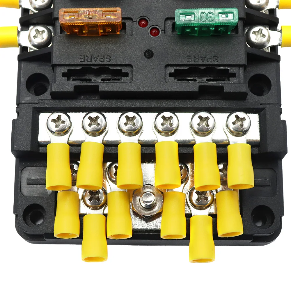 6 Way Blade Fuse Box Holder with Red LED Indicator 8Pcs Standard Fuses