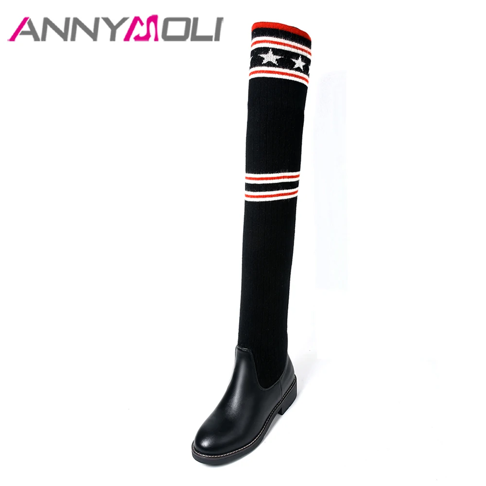 

ANNYMOLI Over the Knee Boots Women Shoes Winter Stretch Low Heel Thigh High Boots Mixed Colors Platform Block Heel Sock Boots 43