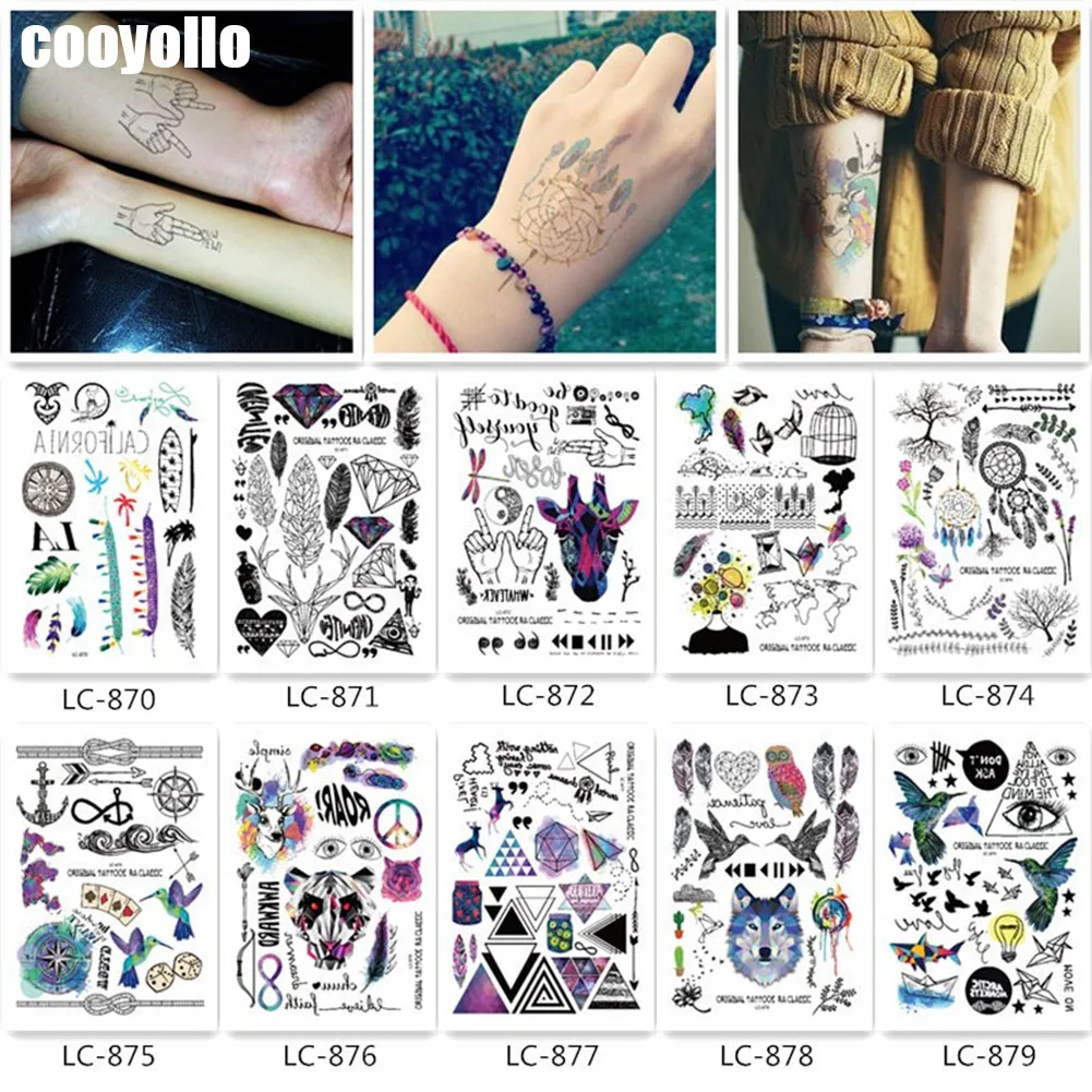 

5pcs Original 21*15cm Waterproof Temporary Tattoo Stickers Boy Girl Geometric Animal Feather Fake Black Water Transfer Sticker