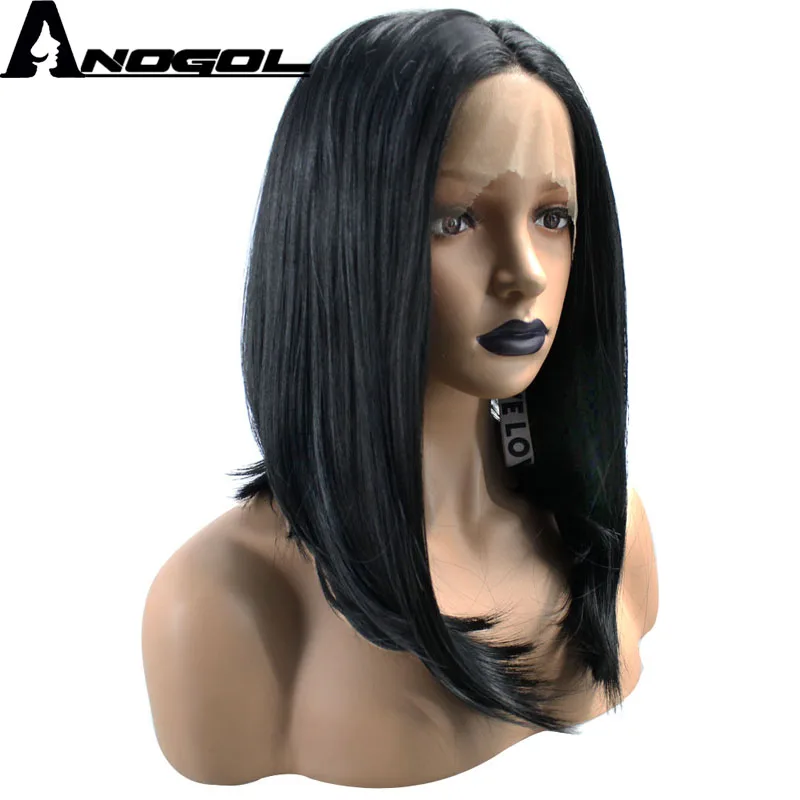Anogol Высокая температура волокна бразильские волосы натуральный короткий боб прямой черный 1B синтетический парик фронта шнурка со средней частью