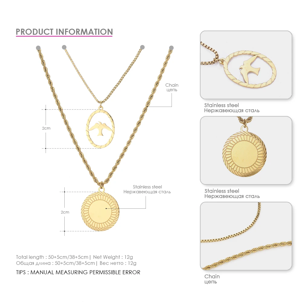 eManco Classic Pendant Necklace For Women Double layer Sun with Bird Stainless Steel Choker Necklaces Fashion Jewelry