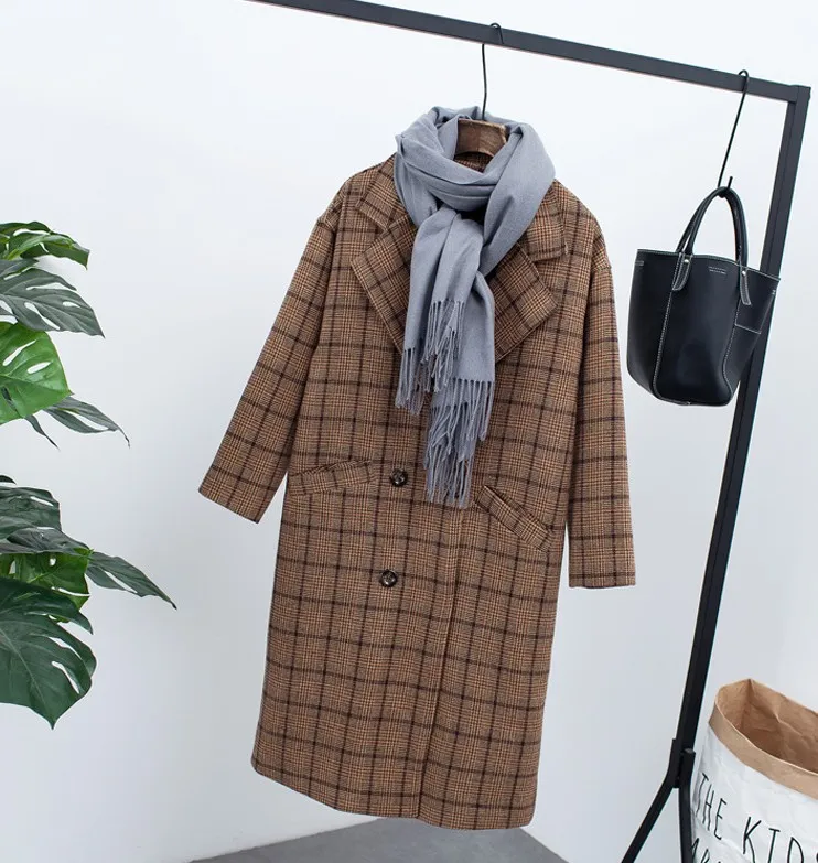 Новая зимняя Толстая шерстяная куртка женский корейский стиль свободная Имитация кашемира Верхняя одежда двубортное клетчатое шерстяное пальто J53