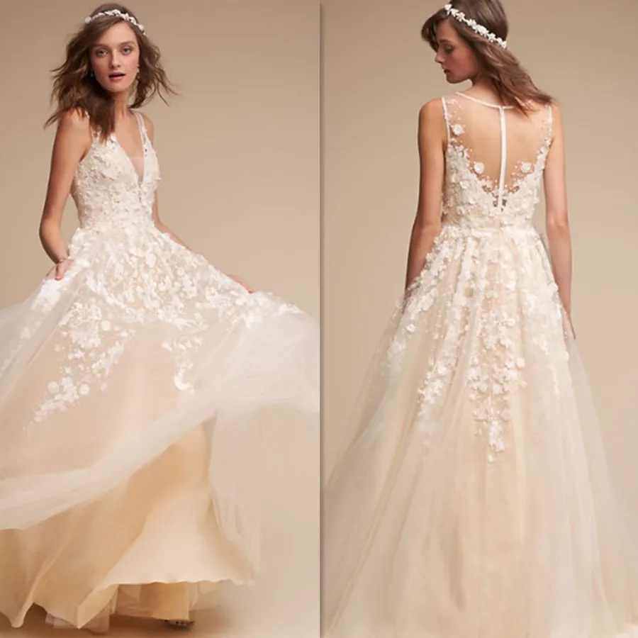 

Fantasy Flowers Appliques V-neck Neckline Wedding Dress Illusion Back Bridal Gown vestidos de casamento