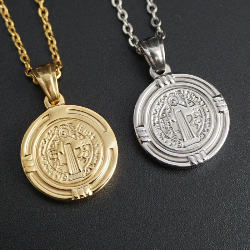 

New Arrive Saint Benedict Holy Necklace Pendant Medal Gold Color For Men Stainless Steel Fashion Christian Jewelry Gift Badge