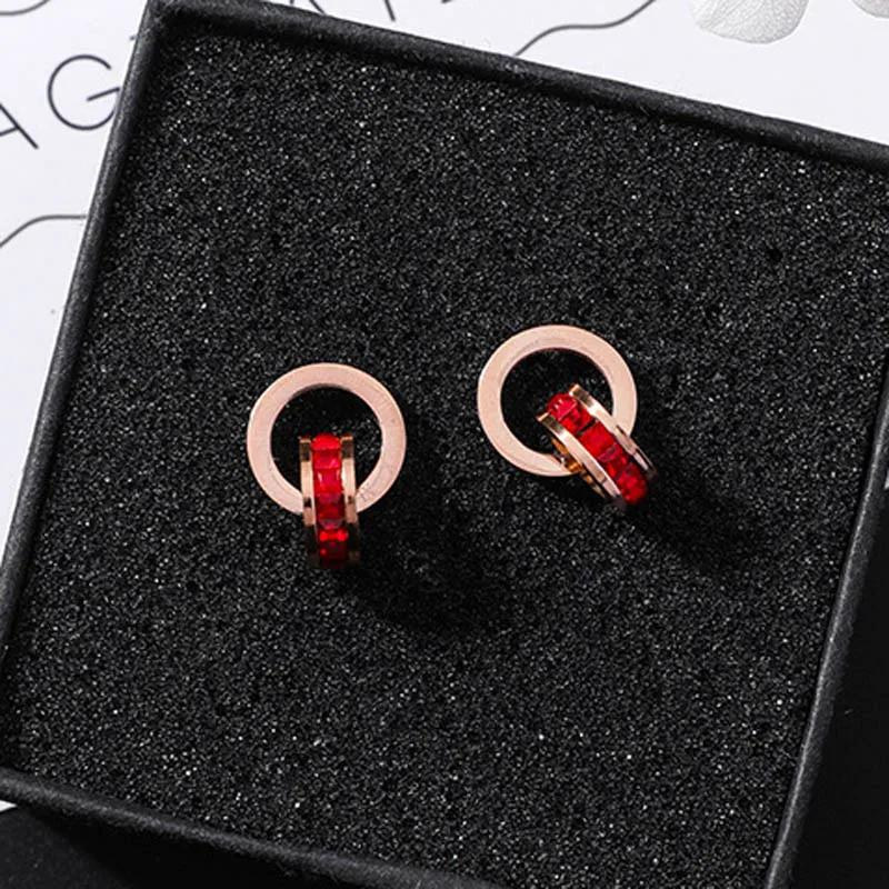 

Korean Titanium Steel Digital Double Circle Stud Earrings Simple Rose Gold Red Crystal Earring for Women Wedding Party Jewelry