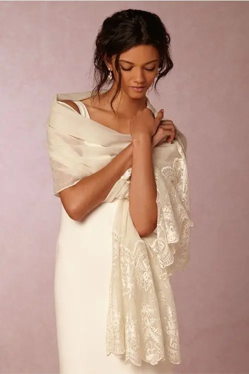 

70cm*180cm Chiffon Wedding Shawl Long Lace Wrap Women's Coat Bridal Wraps in White ,Ivory