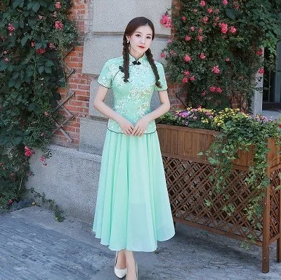 Sheng Coco 3XL 4XL вишневые рубашки Cheongsam блузка желтый цветочный принт Элегантные классические женские топы Ципао китайский стиль - Цвет: green top and skirt