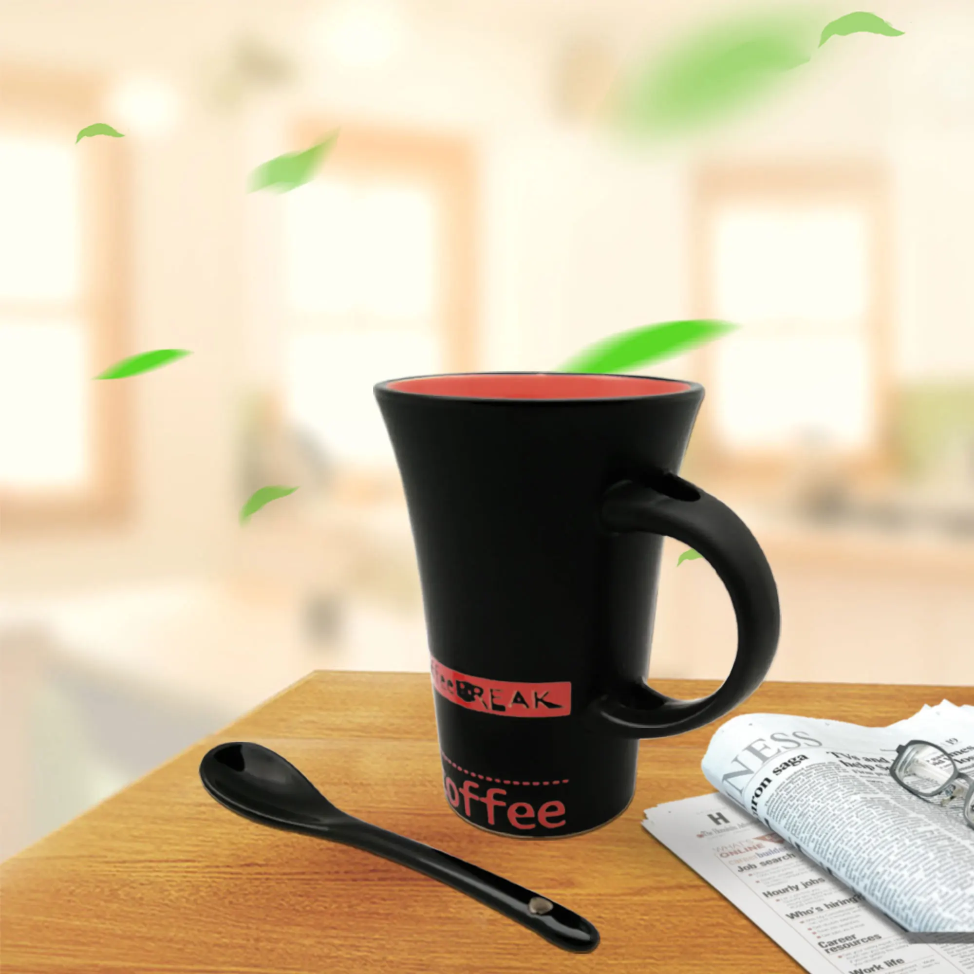Coffee Cups And Mugs With Spoon Creative Porcelain Matte Black Ceramic Coffee Mug Milk Cup DrinkTeaWater Coffee Break Letters 2