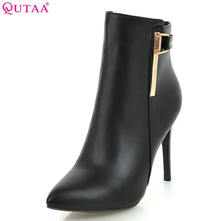 Goedkoop QUTAA 2019 Nieuwe Fahsion Vrouwen Enkellaars Zwart Platform Vrouwen Schoenen Winter Schoenen Pu Leer Elegante Dames Laarzen Big Size 34 43