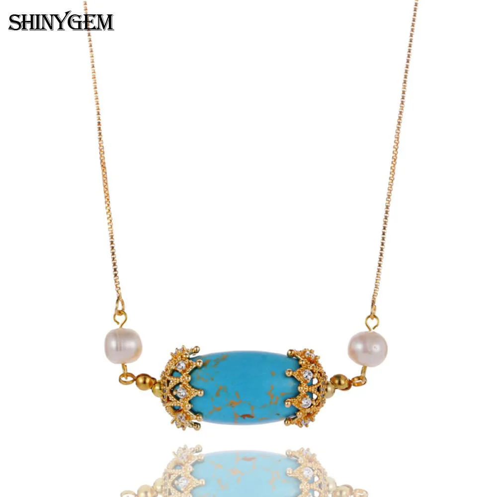 

Natural Blue Turquoises Stone Choker Necklace Golden Crystal Crown Pendant Necklaces 7-8mm Round White Pearl Necklaces For Women