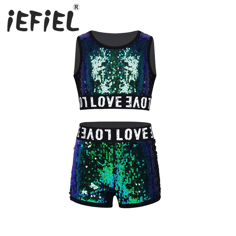 

Sequins Kids Girls Hip-hop Jazz Performance Party Costumes Dancing Clothes Shiny Sleeveless Crop Top with Shorts Set Outfits