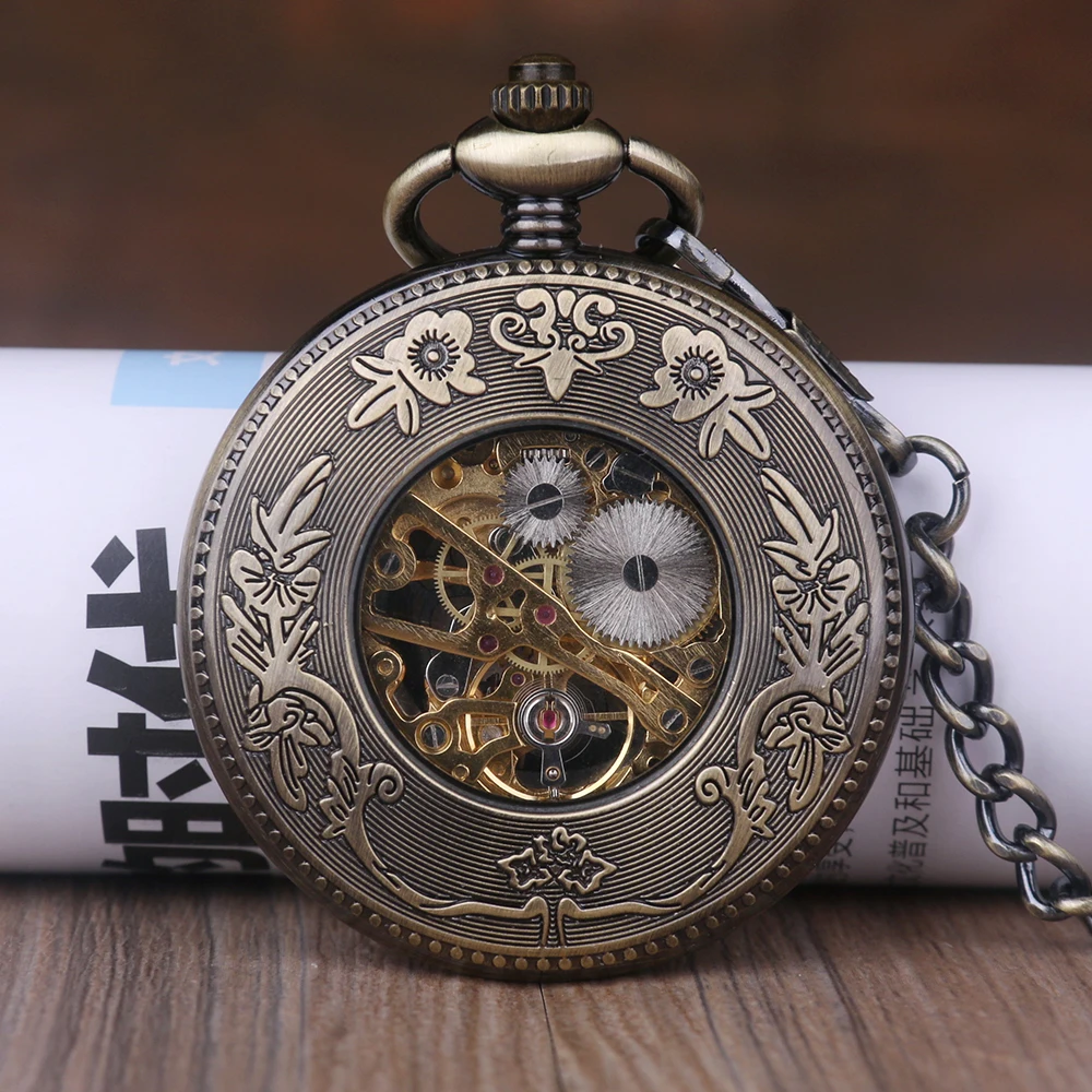 Модные Fob часы Бронзовый полые Скелет роскошные механические стимпанк карманные часы с цепочкой