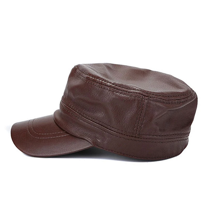 [AETRENDS] Winter Genuine Leather Military Hats for Men Flat Cap Dad Hat 100% Leather Captain Army 