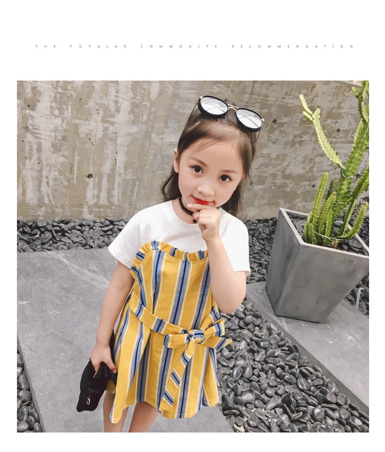 Princess dress Kids Baby Girls Summer Stitched striped bows Short sleeved dress sweet style children's clothing (2)