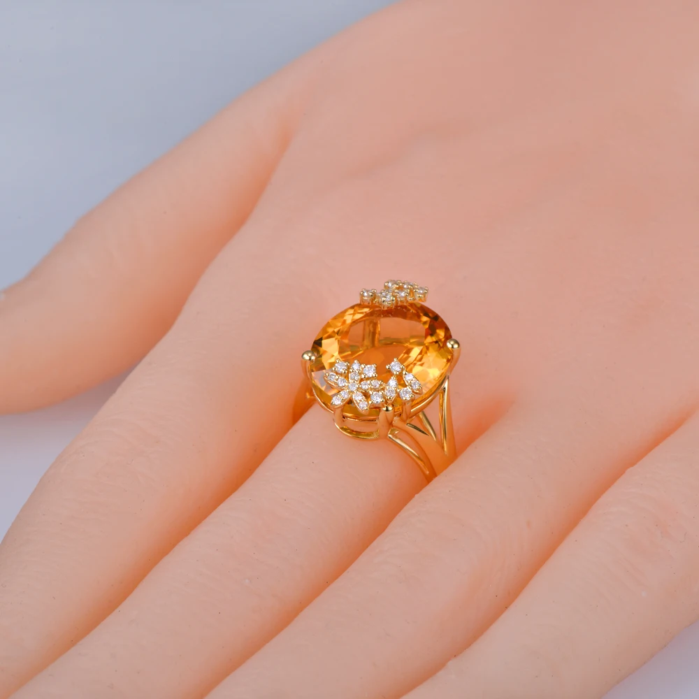 CaiMao 14K Yellow Gold 10.19ct Natural Citrine 0.18ct Pave Diamond Engagement Ring Free Shipping
