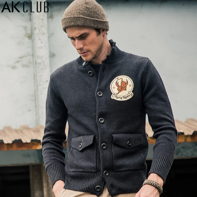 AK CLUB Brand Men Wool Sweater Cardigan Flying Tiger Embroidery Wool Blend Raglan Sleeve Knitwear Sweater Men Cardigan 1518806