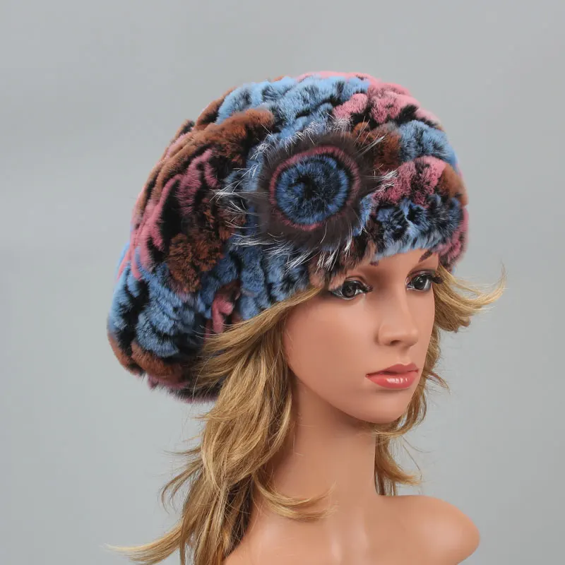 ICYMI женский берет, шапка, натуральная шапка из меха кролика Рекс, модная Высококачественная вязаная эластичная зимняя шапка из натурального меха для женщин - Цвет: Color 2