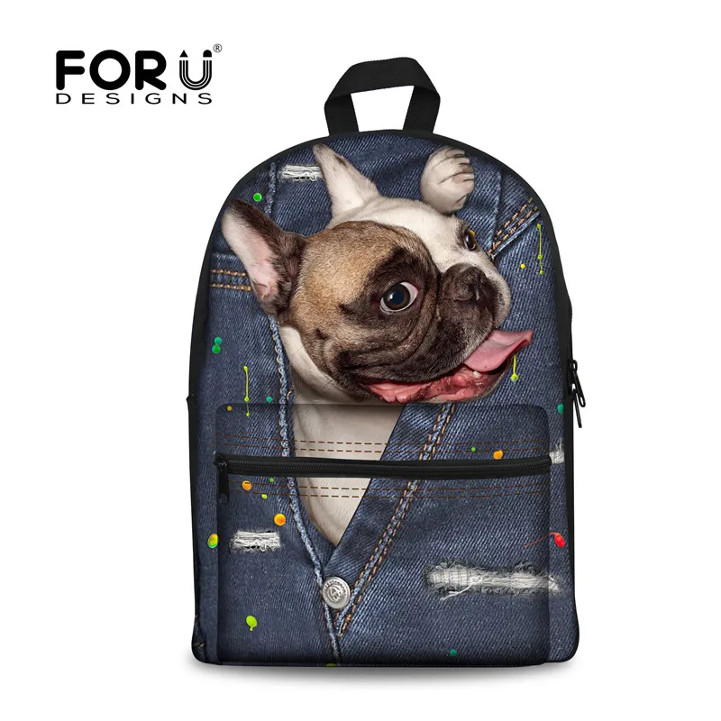 FORUDESIGNS Women Backpack Feminine Cute 3D Denim French Bulldog Female Backpacks for Teenage